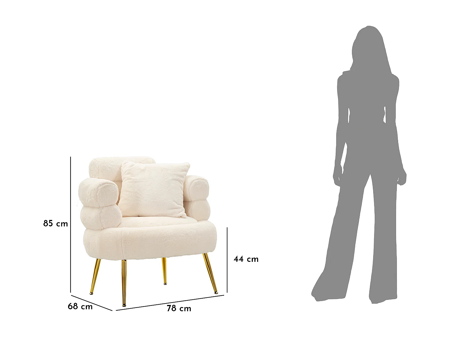 Poltrona in metallo dorato e tessuto bianco con cuscino cm 78x68x85