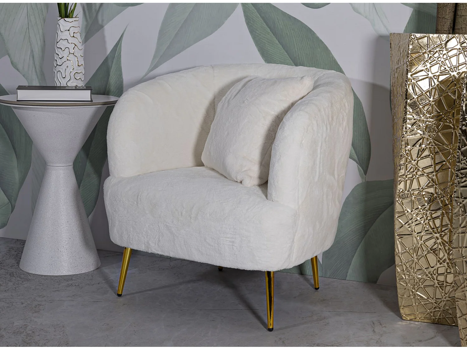 Fauteuil Imitation Fourrure "Soffy" 78cm Blanc & Or