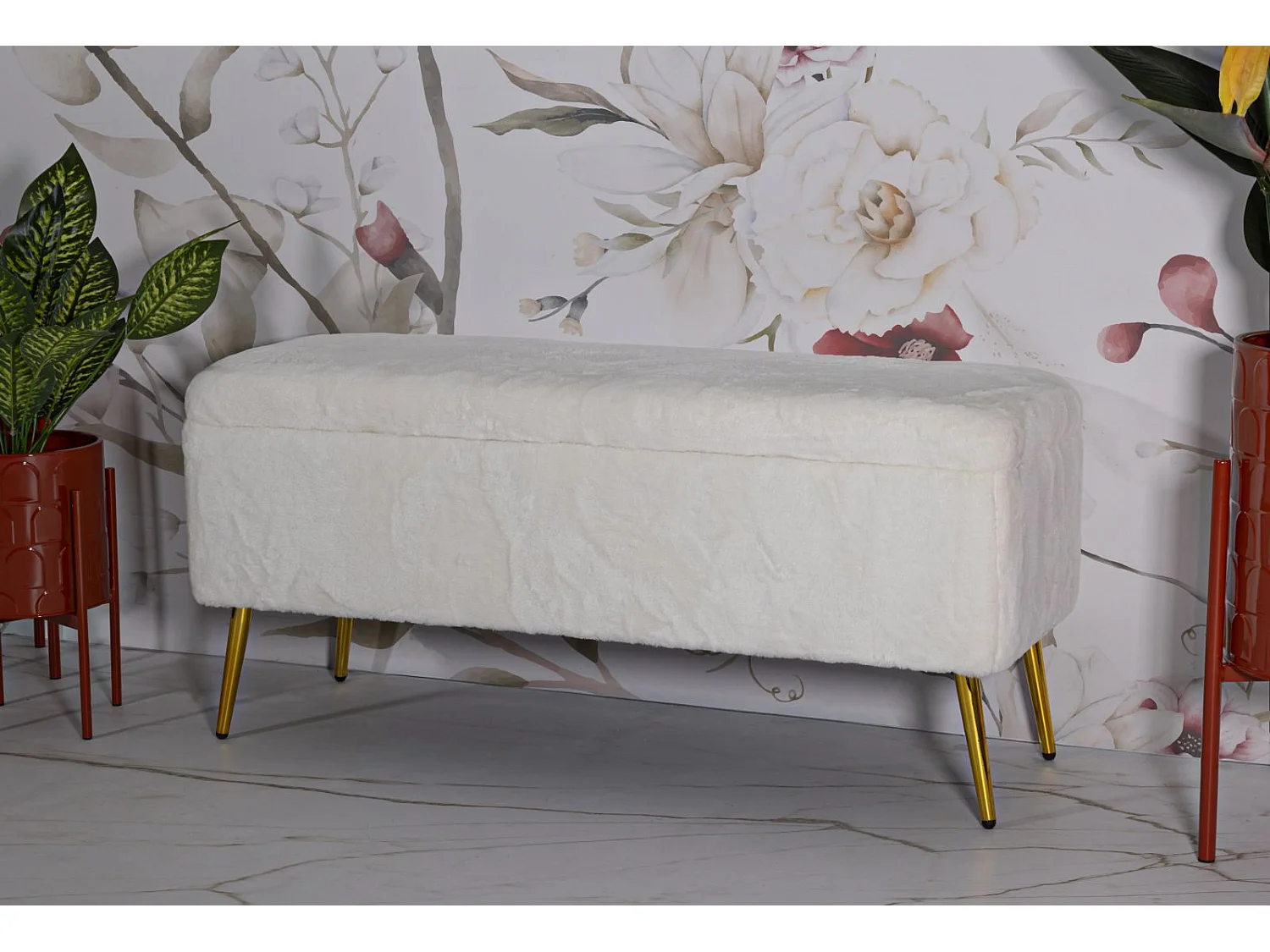 Banc Avec Rangement Imitation Fourrure "Soffy" 112cm Blanc
