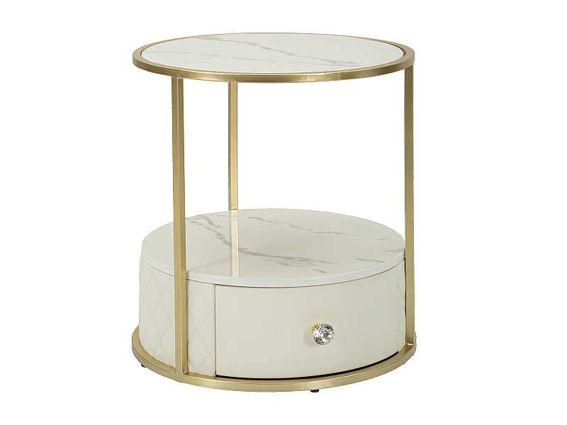 Comodino in metallo dorato e similpelle trapuntata crema cm Ø 43x48