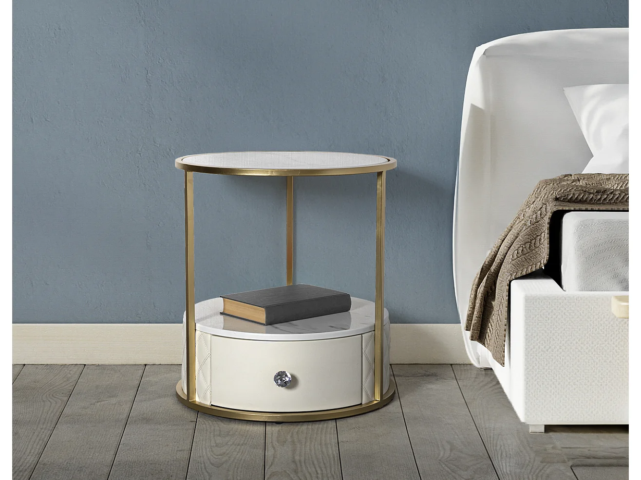 Table de Chevet Effet Marbre "Sharon" 48cm Blanc & Or