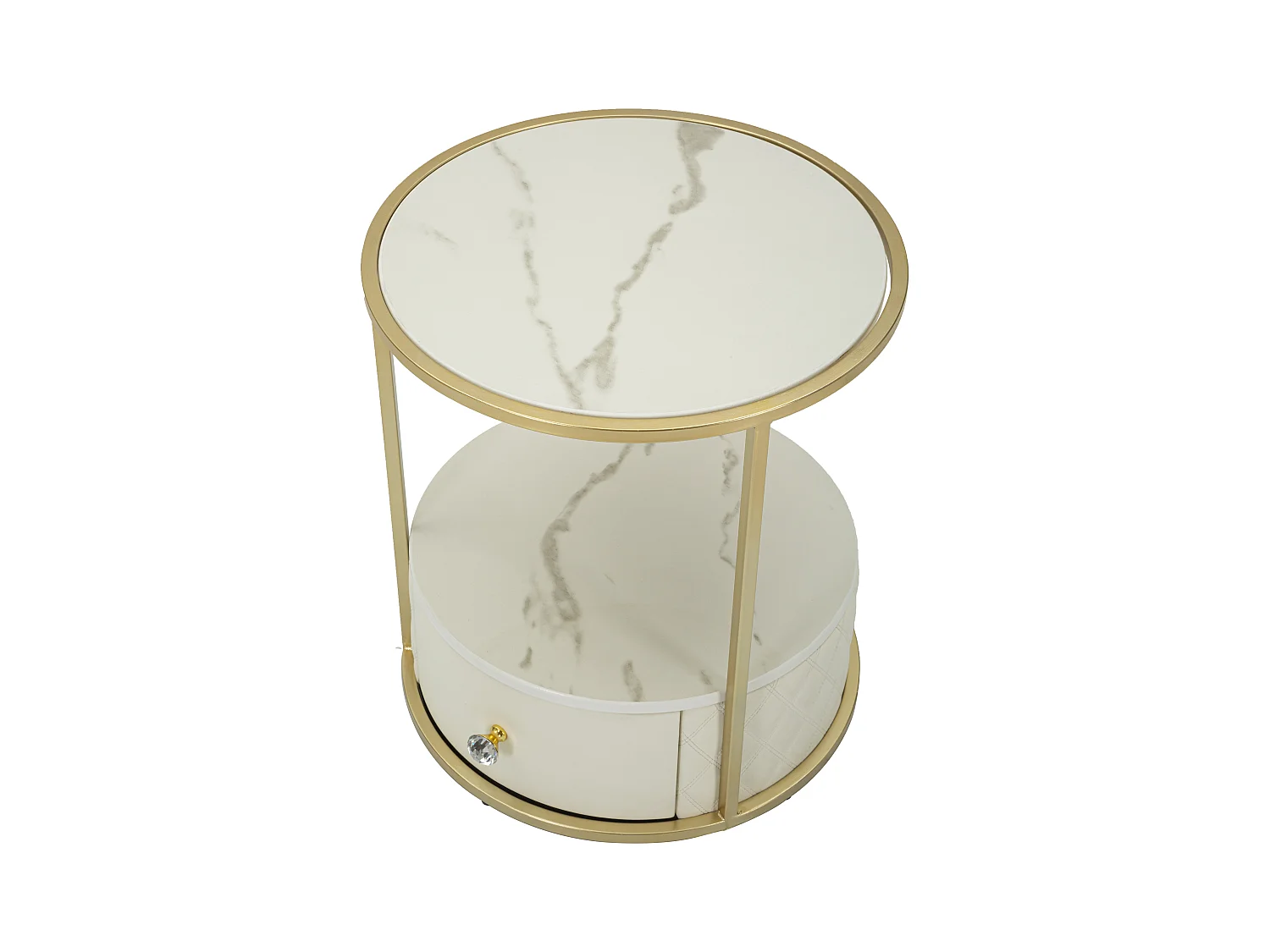 Comodino in metallo dorato e similpelle trapuntata crema cm Ø 43x48