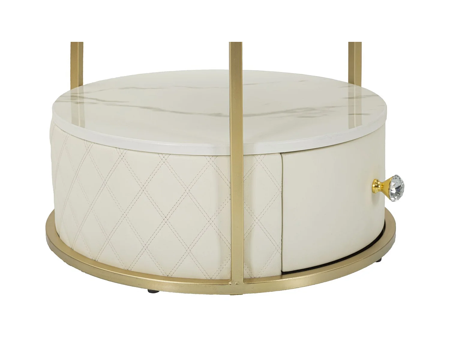 Comodino in metallo dorato e similpelle trapuntata crema cm Ø 43x48