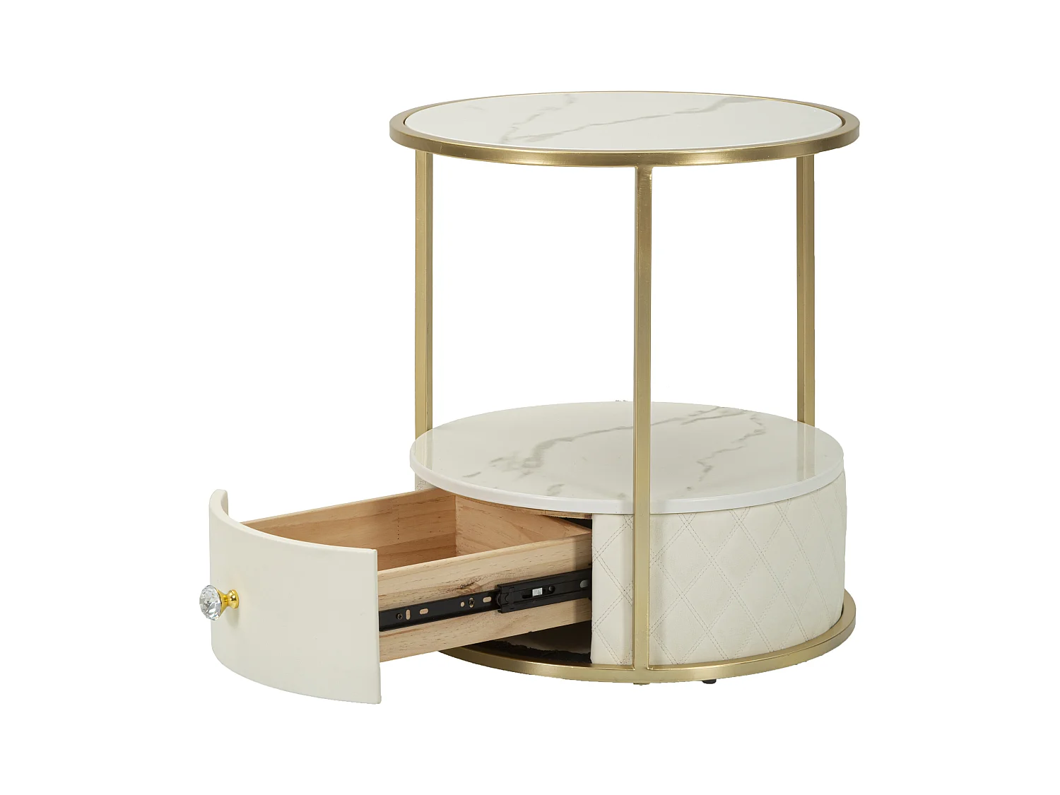 Comodino in metallo dorato e similpelle trapuntata crema cm Ø 43x48