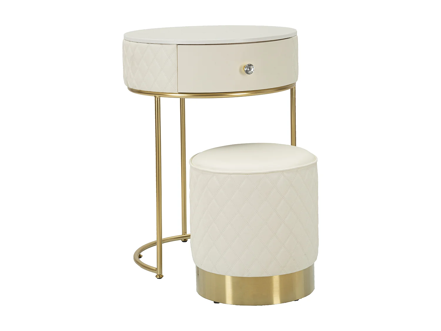 Table de Chevet Avec Pouf "Sharon" 70cm Blanc & Or