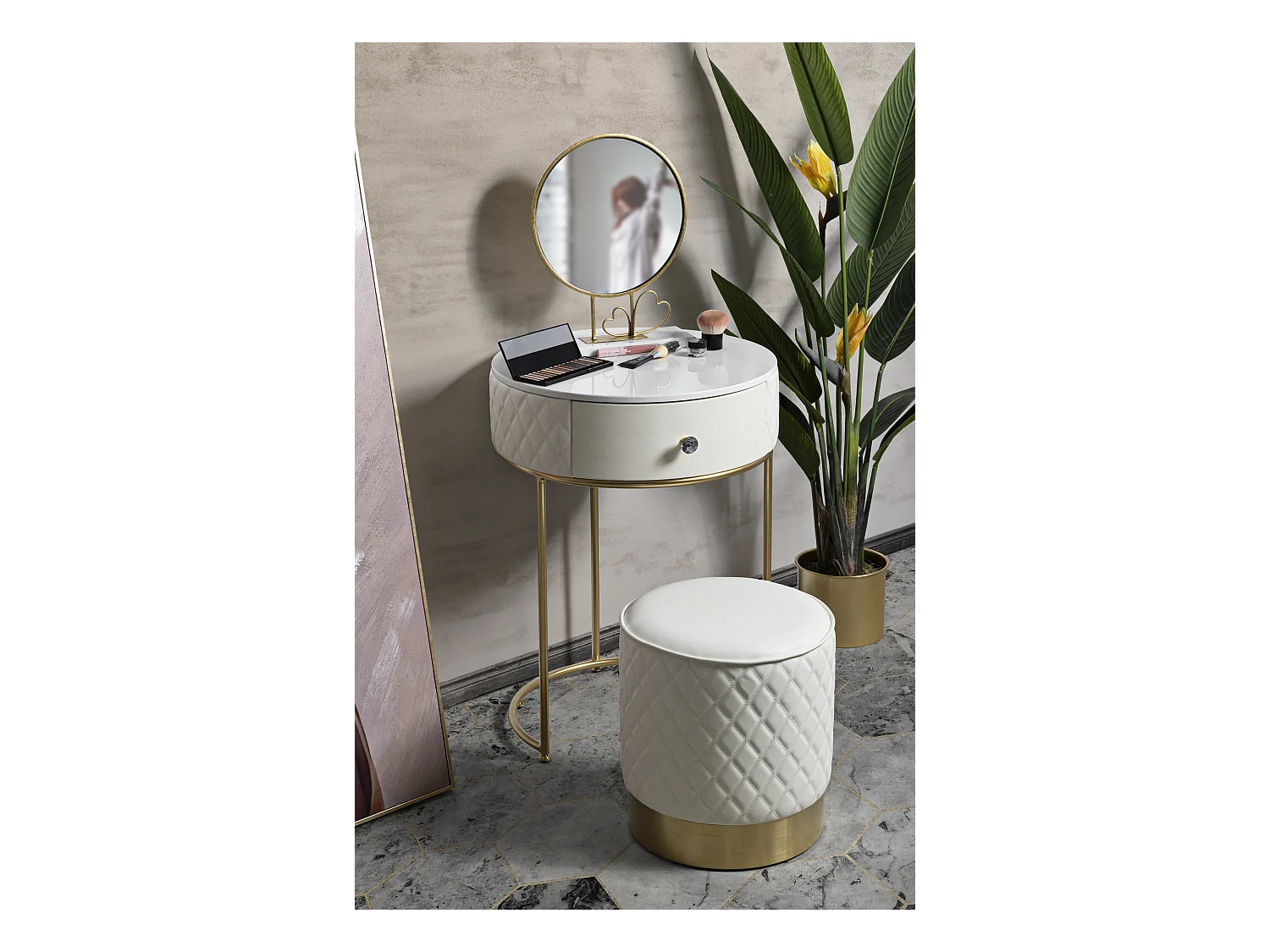 Table de Chevet Avec Pouf "Sharon" 70cm Blanc & Or