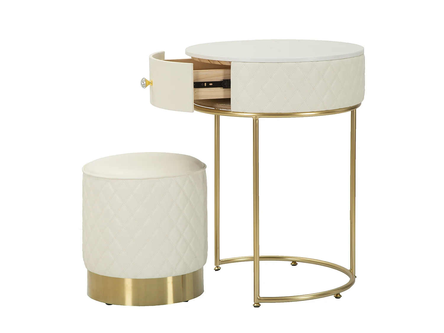 Table de Chevet Avec Pouf "Sharon" 70cm Blanc & Or