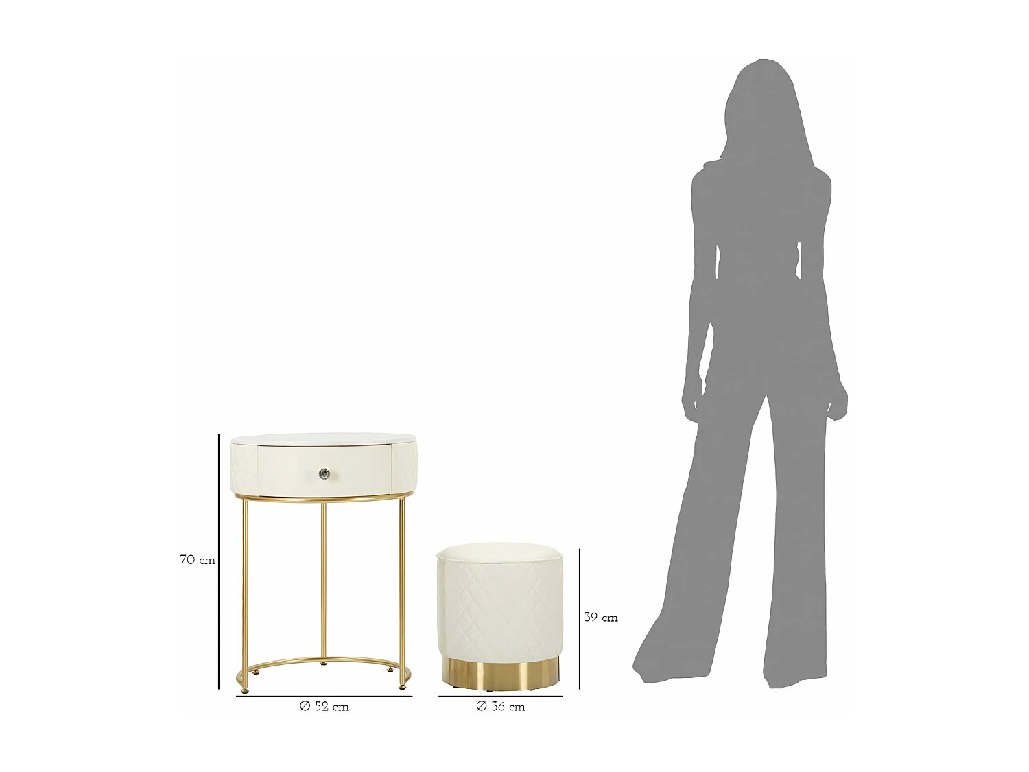 Table de Chevet Avec Pouf "Sharon" 70cm Blanc & Or