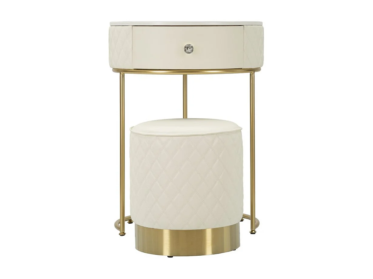 Table de Chevet Avec Pouf "Sharon" 70cm Blanc & Or