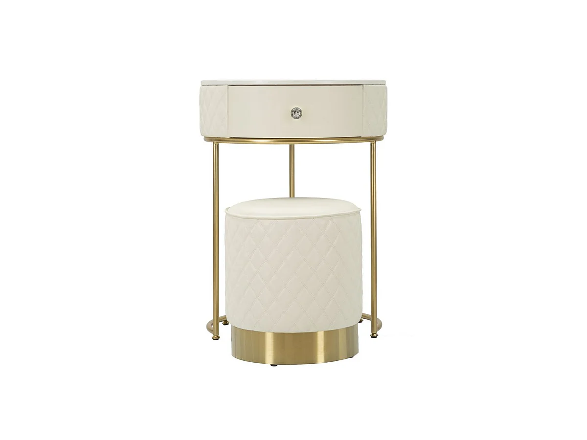Toaletka Sharon Ø52x70 cm z pufą Ø36x39 cm – efektowny design z sosny, płyty MDF, metalu w kolorze białym i złotym – zestaw mebli do sypialni