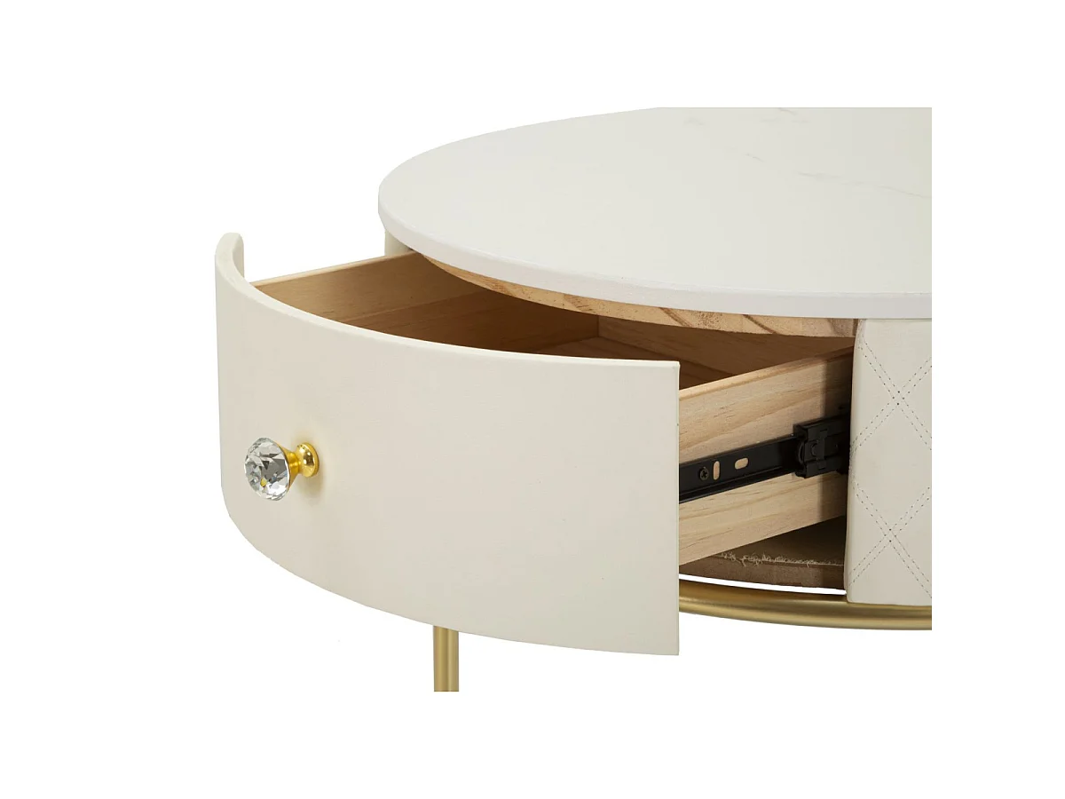 Toaletka Sharon Ø52x70 cm z pufą Ø36x39 cm – efektowny design z sosny, płyty MDF, metalu w kolorze białym i złotym – zestaw mebli do sypialni