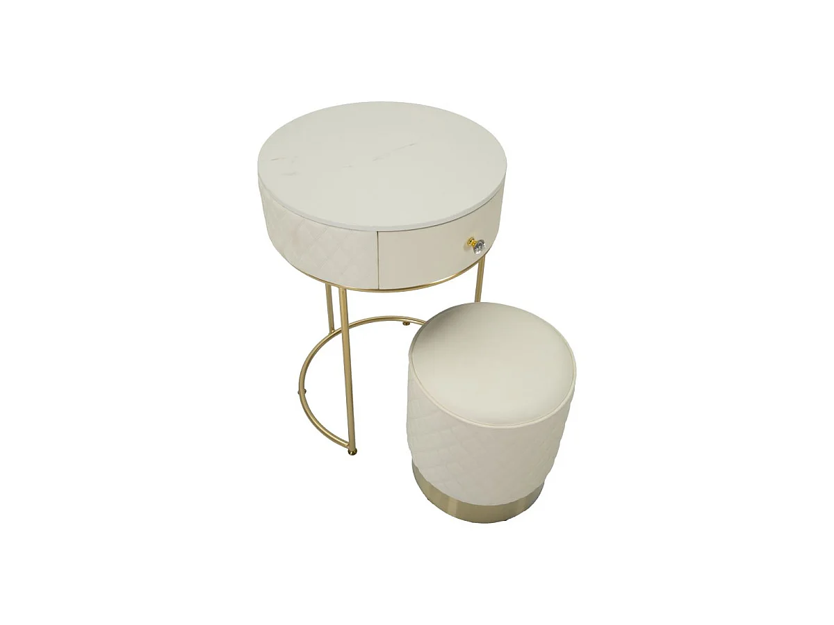 Toaletka Sharon Ø52x70 cm z pufą Ø36x39 cm – efektowny design z sosny, płyty MDF, metalu w kolorze białym i złotym – zestaw mebli do sypialni