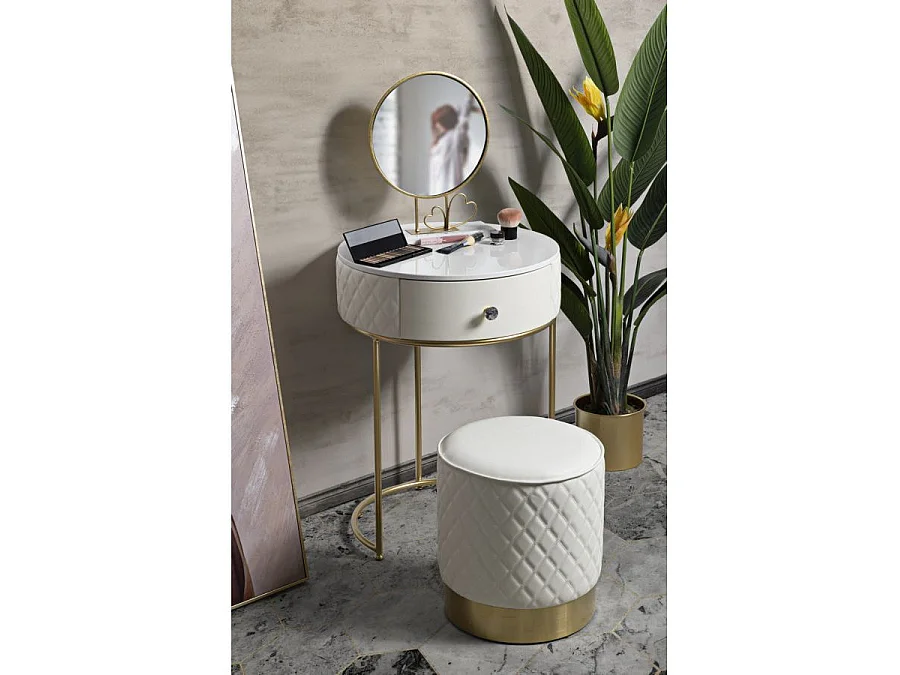 Toaletka Sharon Ø52x70 cm z pufą Ø36x39 cm – efektowny design z sosny, płyty MDF, metalu w kolorze białym i złotym – zestaw mebli do sypialni