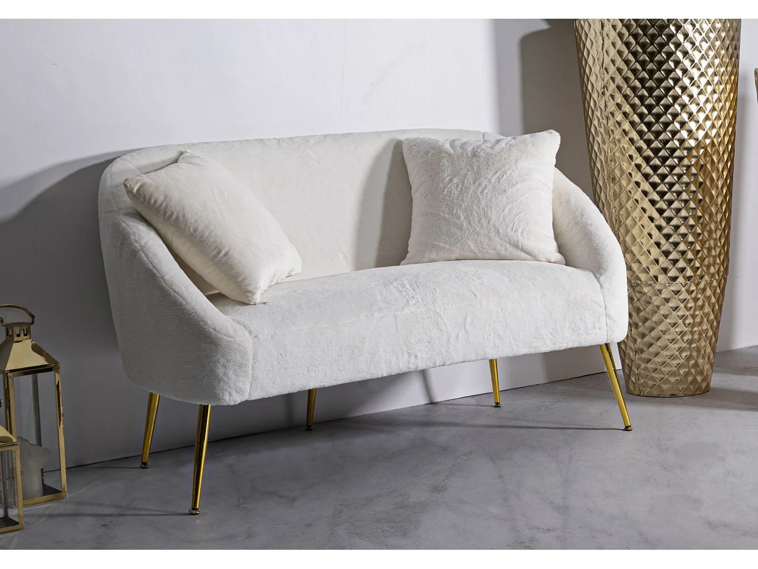 Divano 2 posti in metallo e tessuto bianco con cuscini cm 137x69x79.