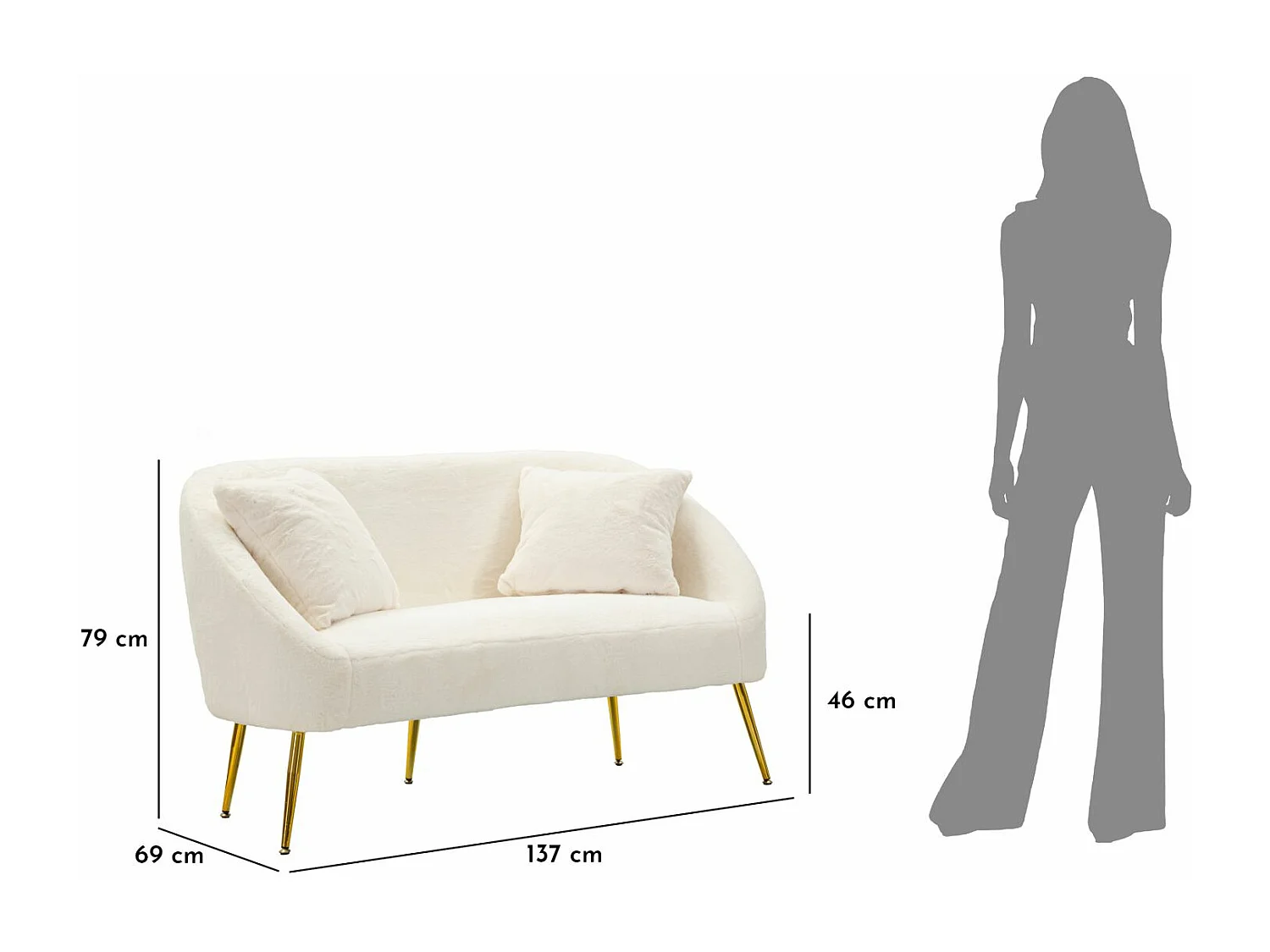 Divano 2 posti in metallo e tessuto bianco con cuscini cm 137x69x79.