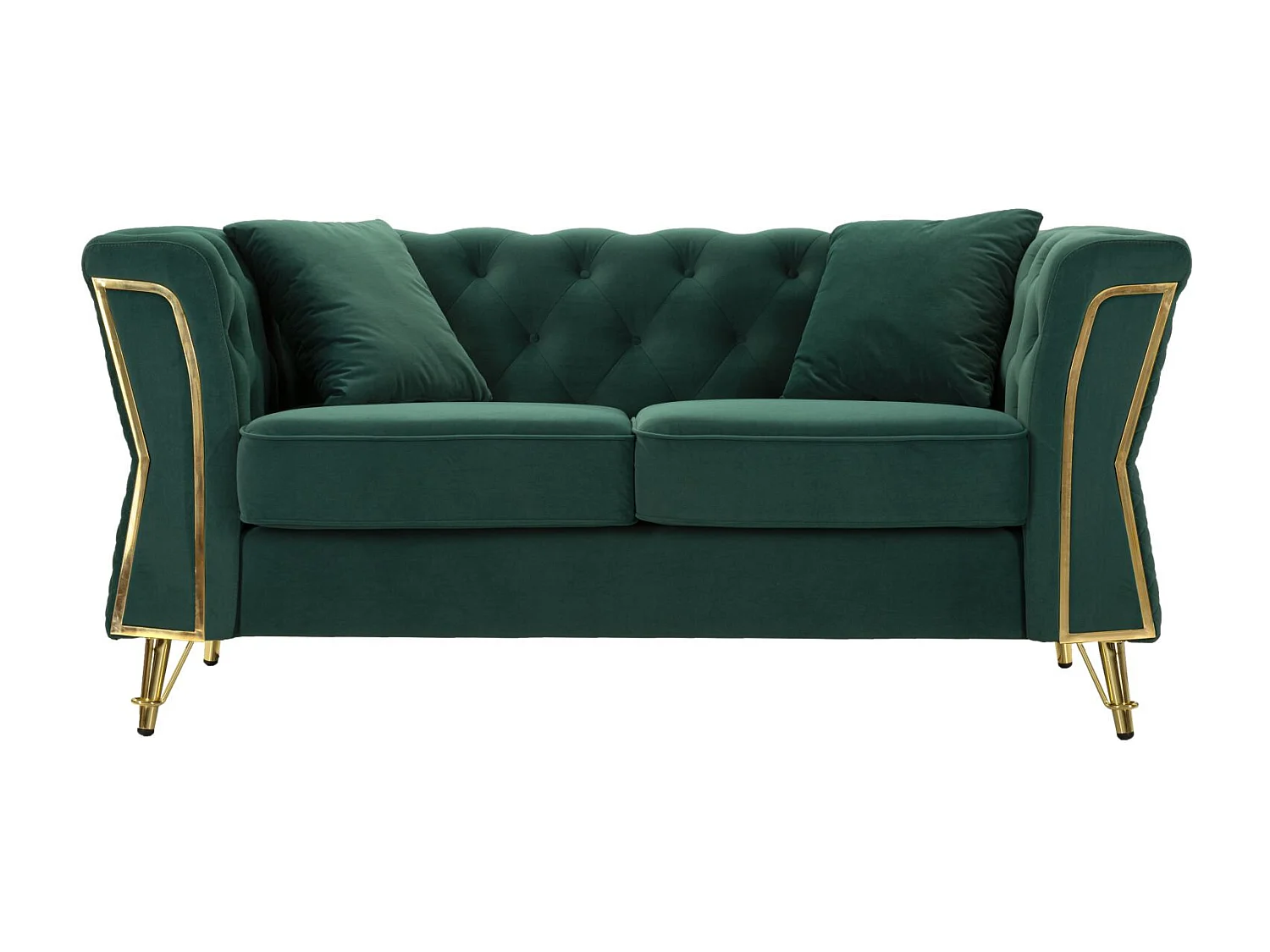 Groene metalen en fluwelen bank met kussens, 162x83x77 cm