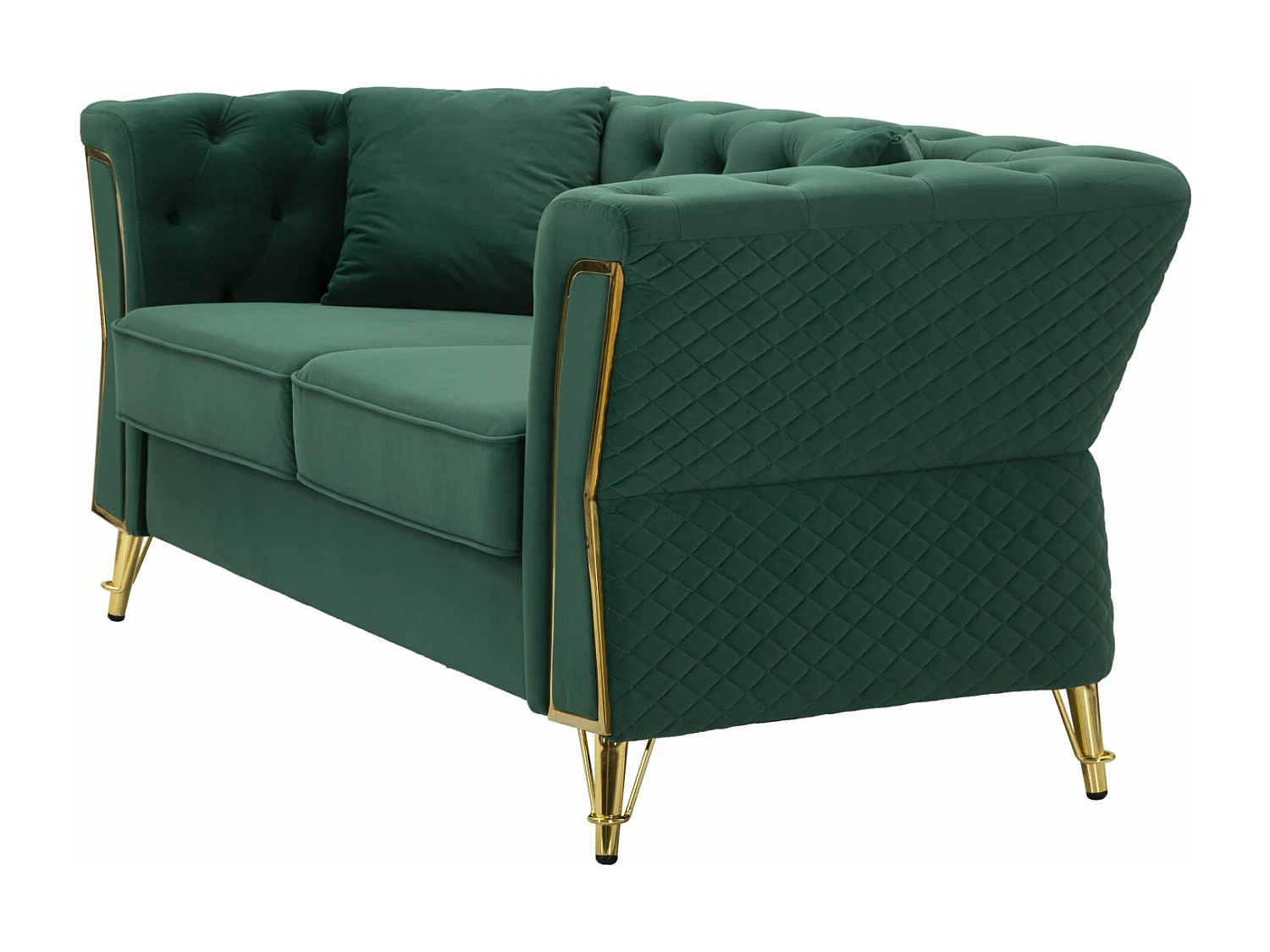 Groene metalen en fluwelen bank met kussens, 162x83x77 cm