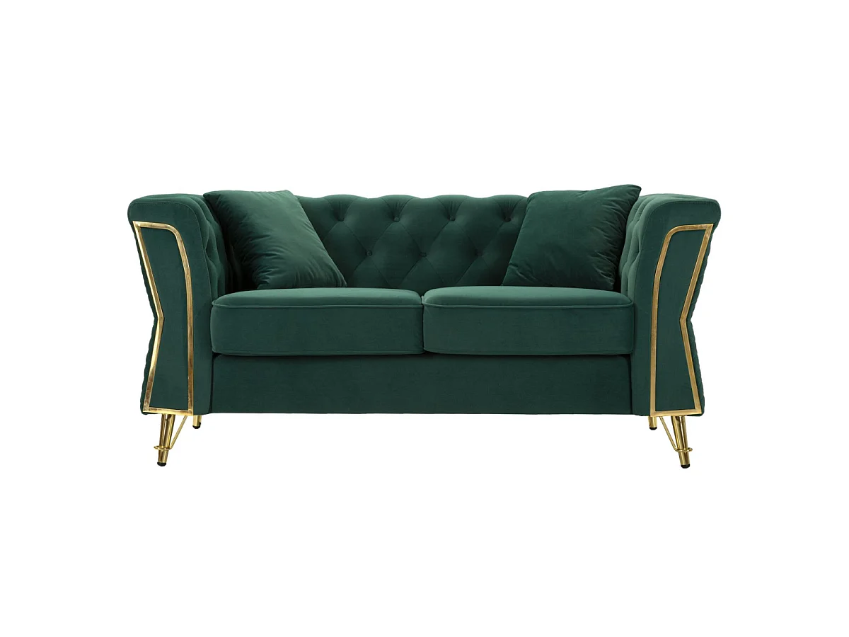 Sofa do wnętrza - zielony, złoty, drewno eukaliptusowe, glamour, 162 x 83 x 76 cm - Emy