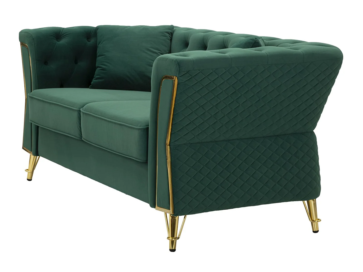 Sofa do wnętrza - zielony, złoty, drewno eukaliptusowe, glamour, 162 x 83 x 76 cm - Emy