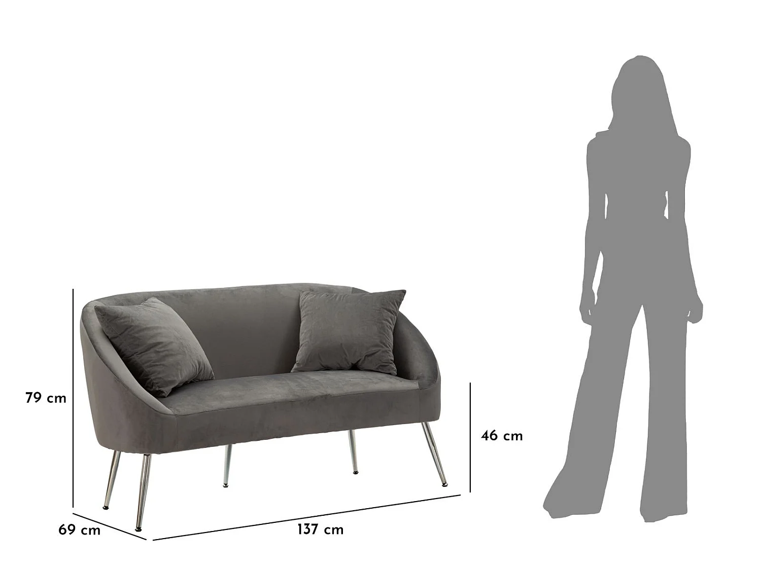 2-Sitzer-Sofa aus Metall und Samt mit Kissen 137x69x79 cm
