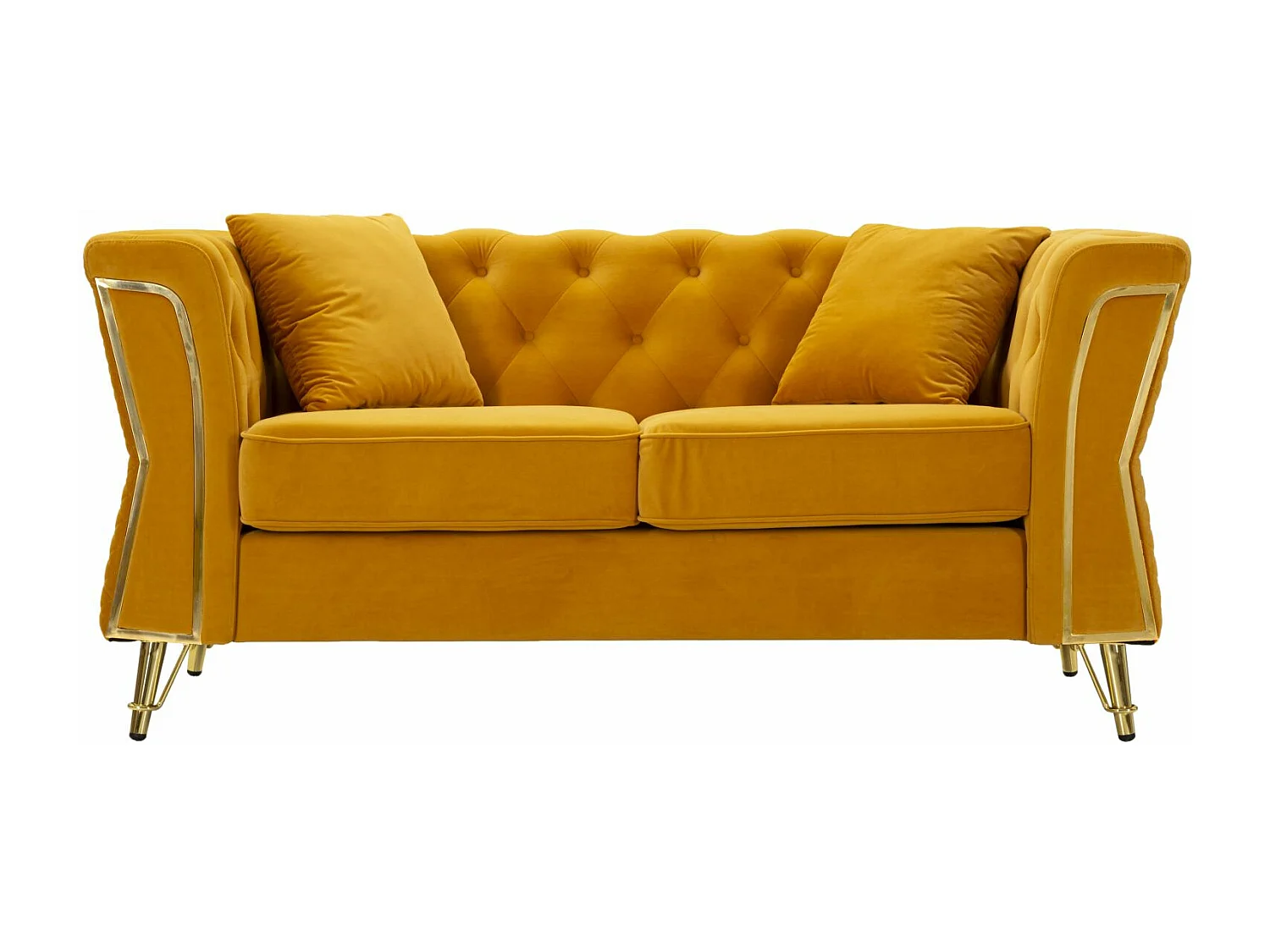 Divano in metallo e velluto senape con cuscini cm 162x83x76