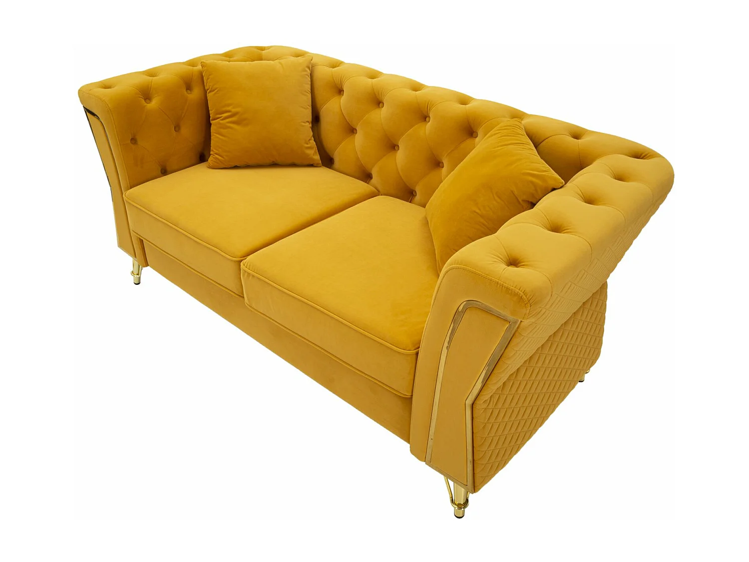 Divano in metallo e velluto senape con cuscini cm 162x83x76