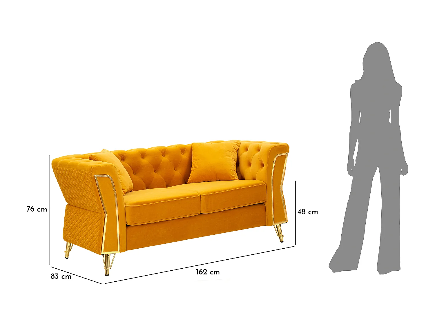 Divano in metallo e velluto senape con cuscini cm 162x83x76