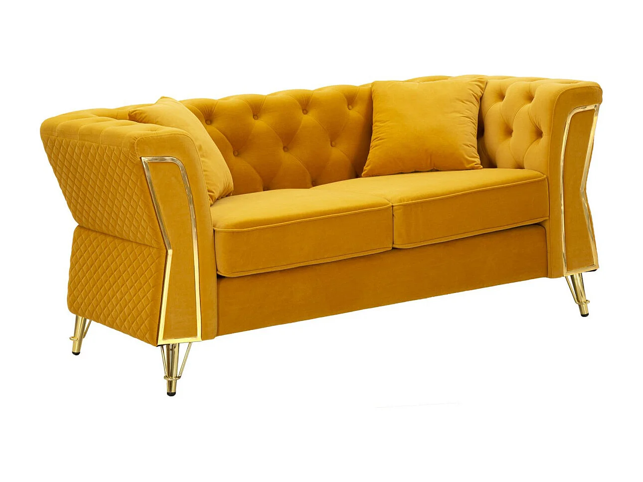 Divano in metallo e velluto senape con cuscini cm 162x83x76