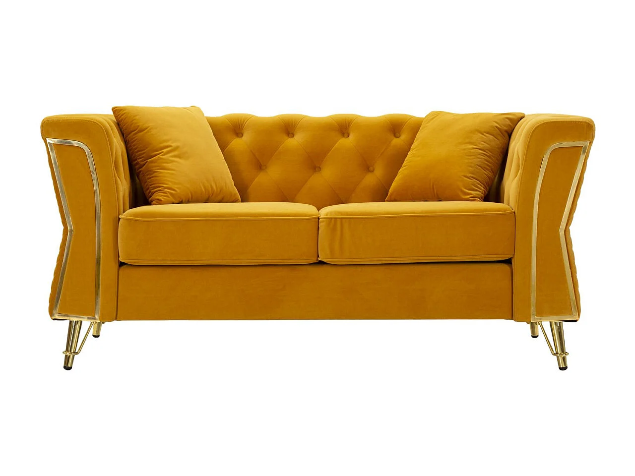 Divano in metallo e velluto senape con cuscini cm 162x83x76