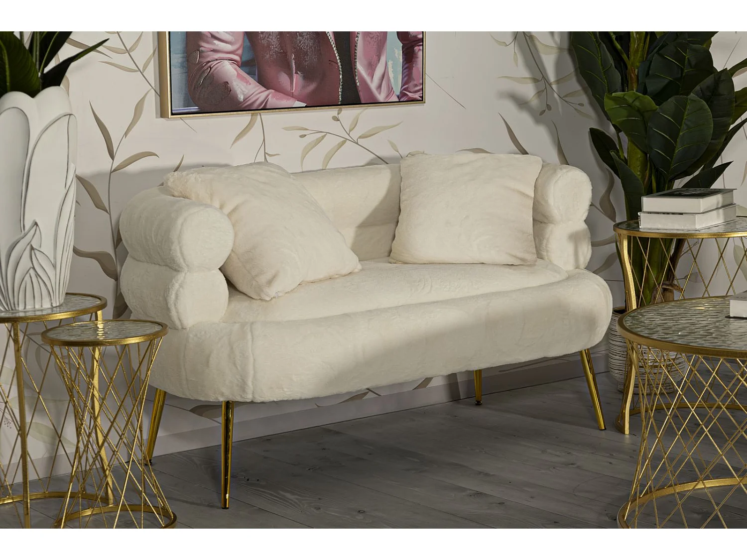 Divano 2 posti in metallo e tessuto bianco con cuscini cm 133x68x69