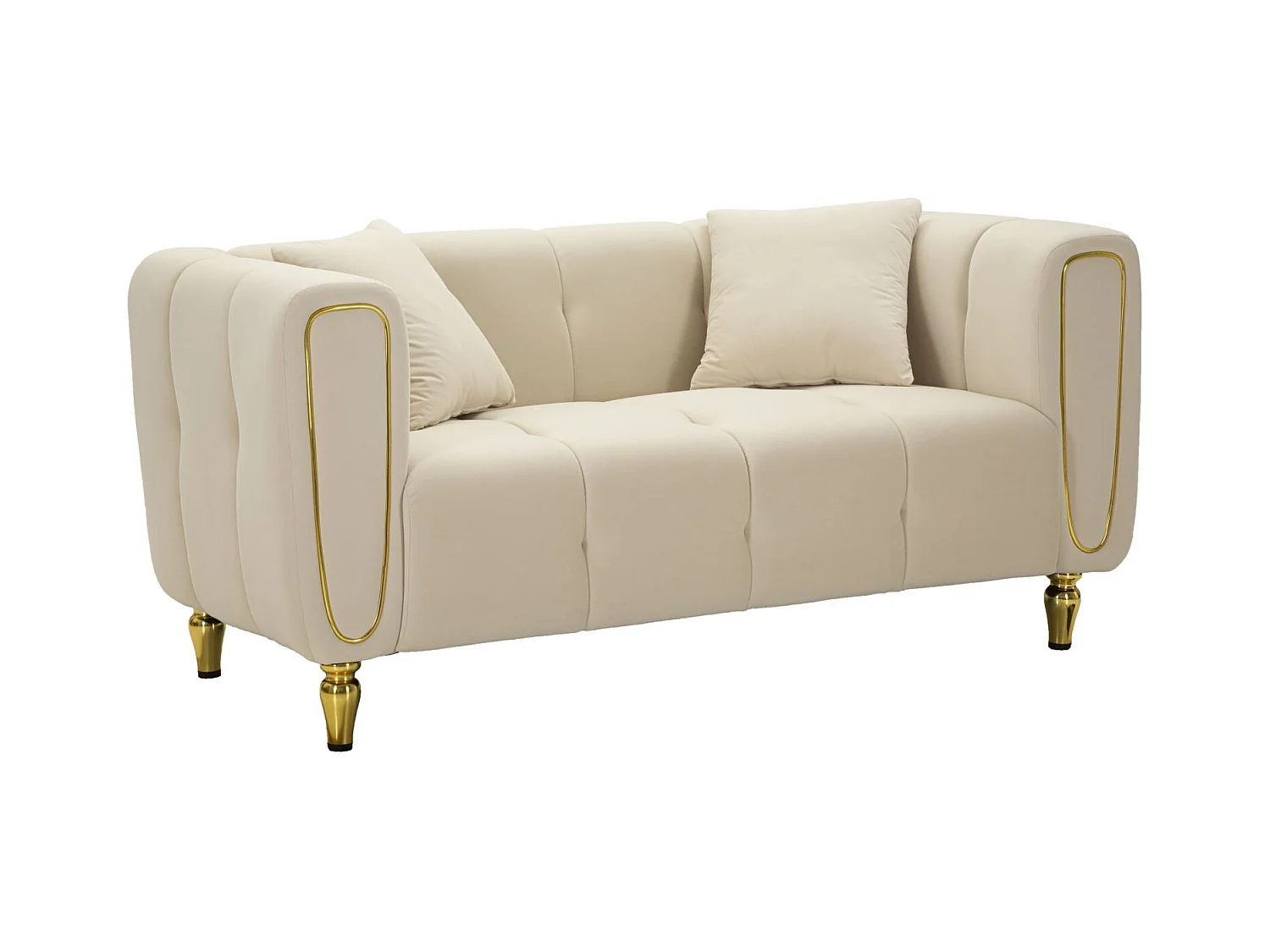 Divano 2 posti in metallo e velluto crema con cuscini cm 155x81x71