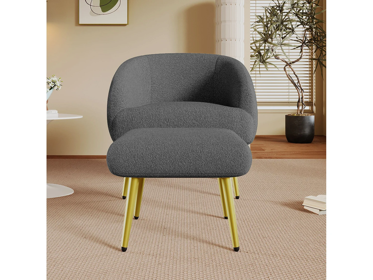 Chaise moderne rembourrée Sherpa avec pouf, design ergonomique, pieds dorés, confort luxueux,Gris