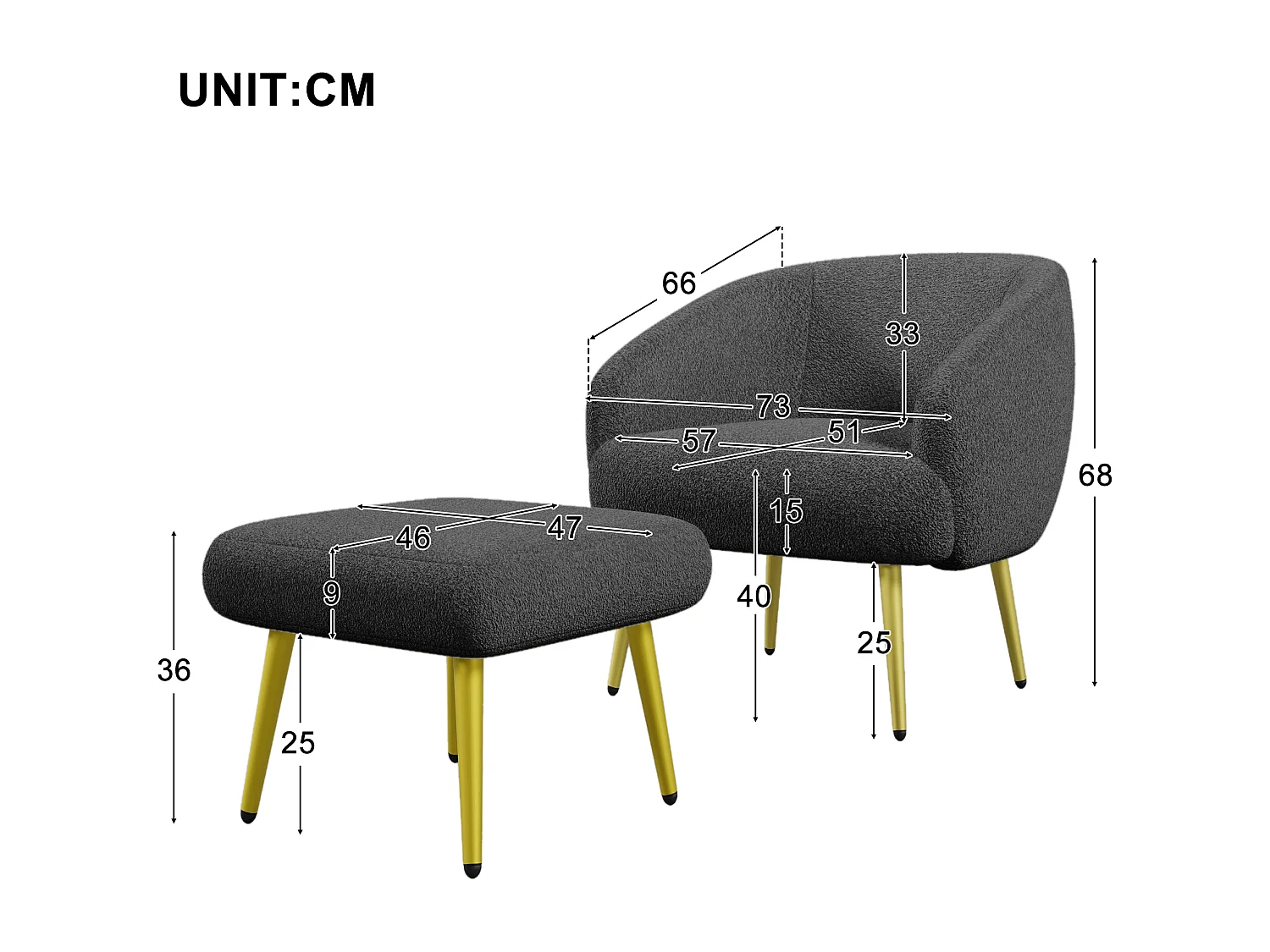 Chaise moderne rembourrée Sherpa avec pouf, design ergonomique, pieds dorés, confort luxueux,Gris