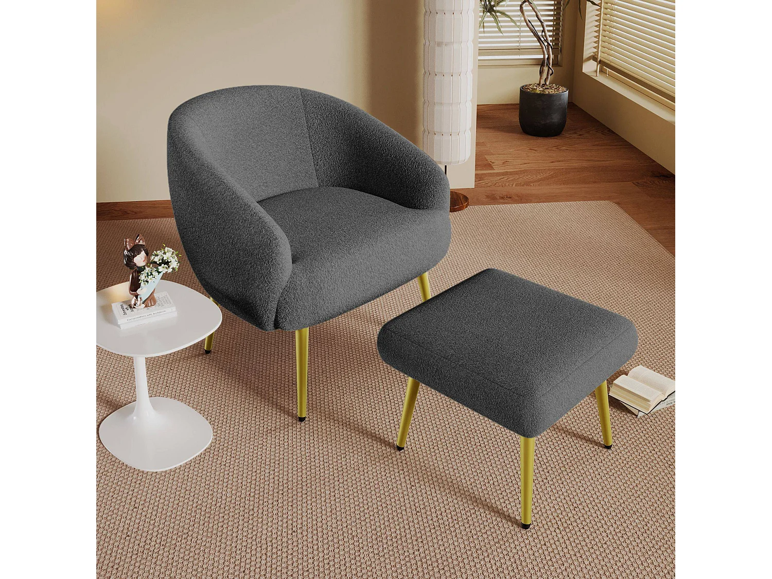 Chaise moderne rembourrée Sherpa avec pouf, design ergonomique, pieds dorés, confort luxueux,Gris