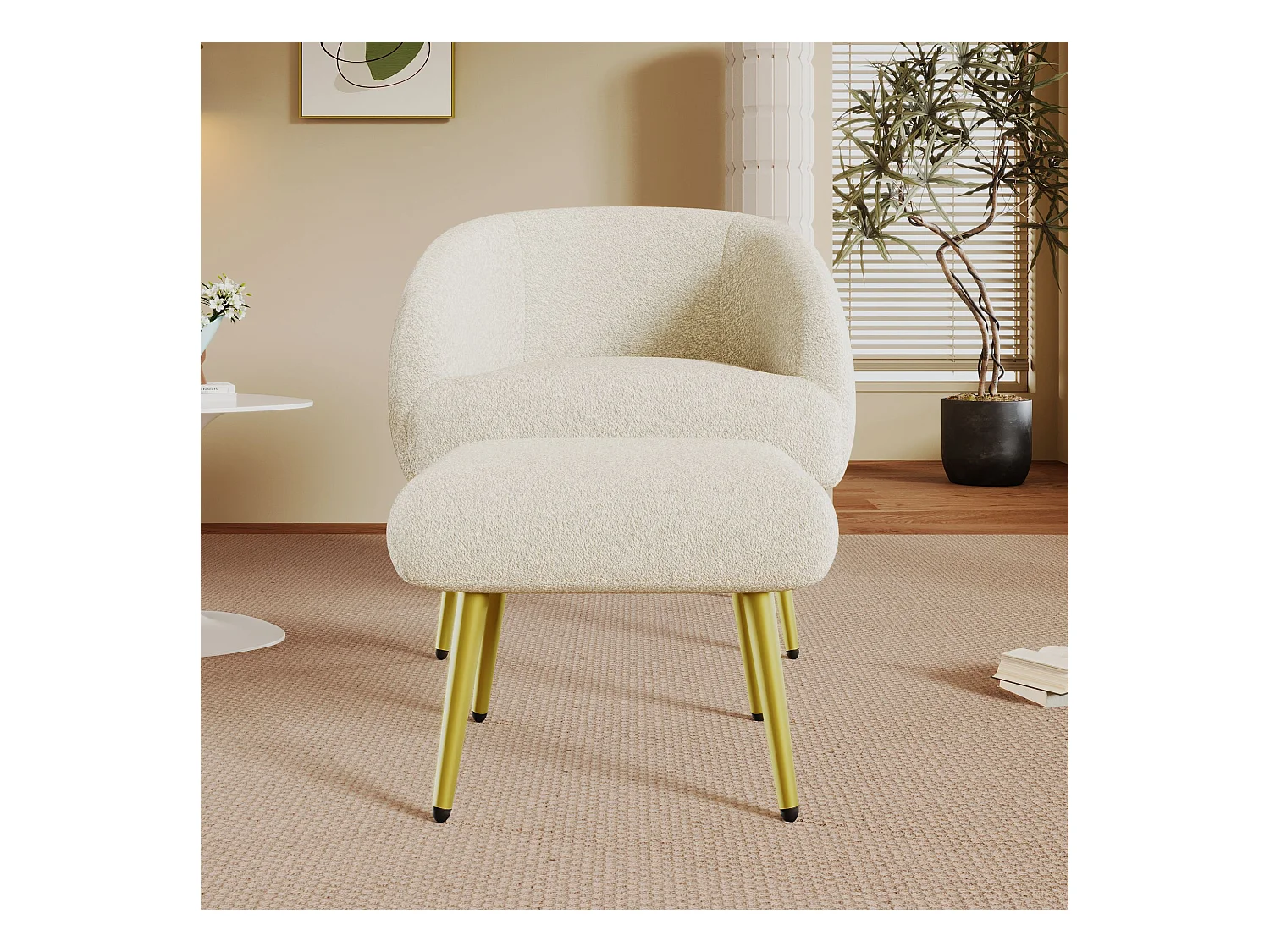 Moderne Sherpa gestoffeerde stoel met poef, ergonomisch ontwerp, gouden poten, luxe comfort,Wit
