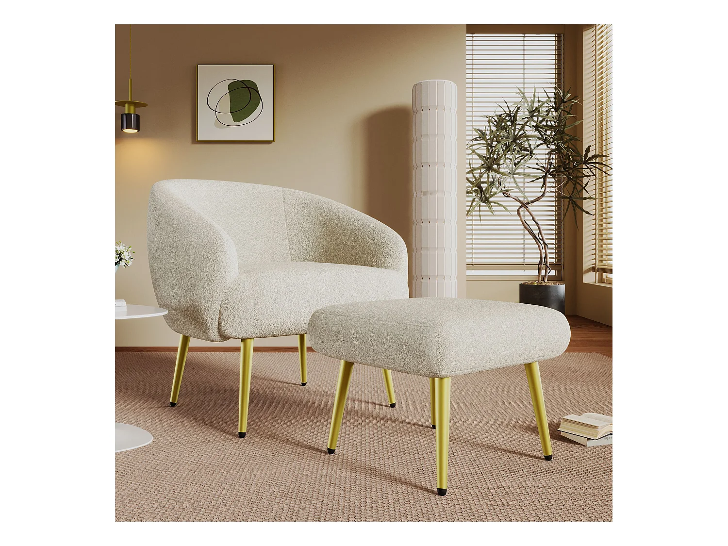 Moderne Sherpa gestoffeerde stoel met poef, ergonomisch ontwerp, gouden poten, luxe comfort,Wit