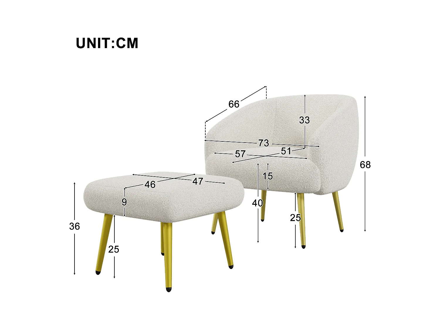 Moderne Sherpa gestoffeerde stoel met poef, ergonomisch ontwerp, gouden poten, luxe comfort,Wit