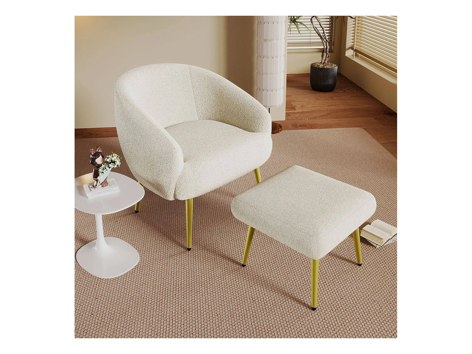 Moderne Sherpa gestoffeerde stoel met poef, ergonomisch ontwerp, gouden poten, luxe comfort,Wit