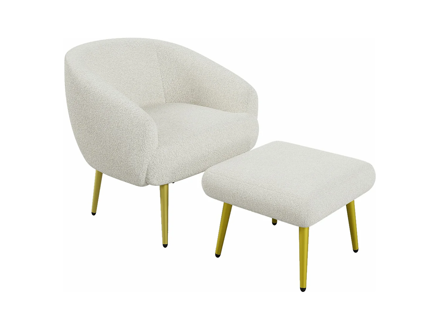 Moderne Sherpa gestoffeerde stoel met poef, ergonomisch ontwerp, gouden poten, luxe comfort,Wit