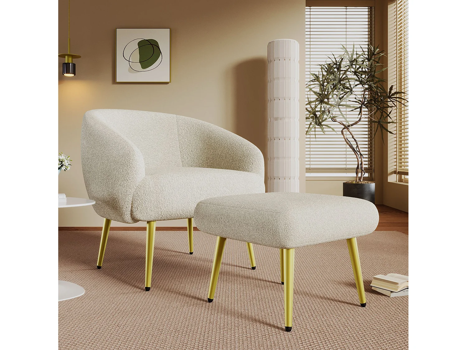 Chaise moderne rembourrée Sherpa avec pouf, design ergonomique, pieds dorés, confort luxueux,Blanc