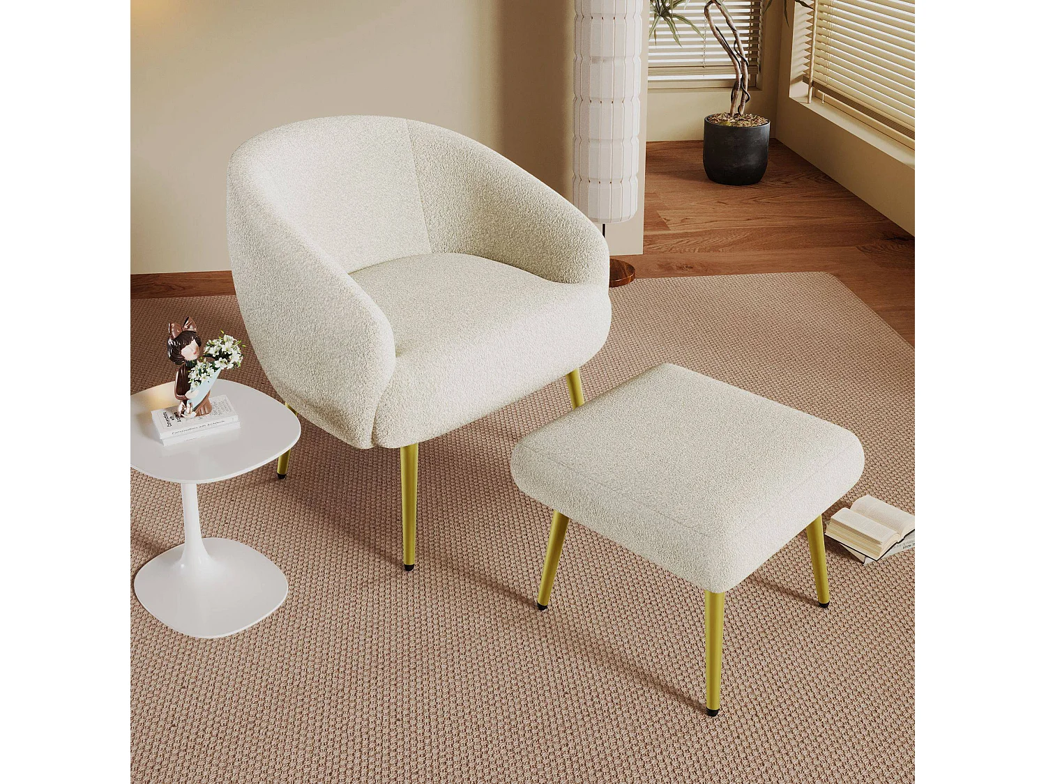Chaise moderne rembourrée Sherpa avec pouf, design ergonomique, pieds dorés, confort luxueux,Blanc