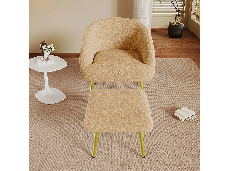 Moderne Sherpa stoel met voetenbank, ergonomisch ontwerp, gouden poten, luxe comfort,Bruin