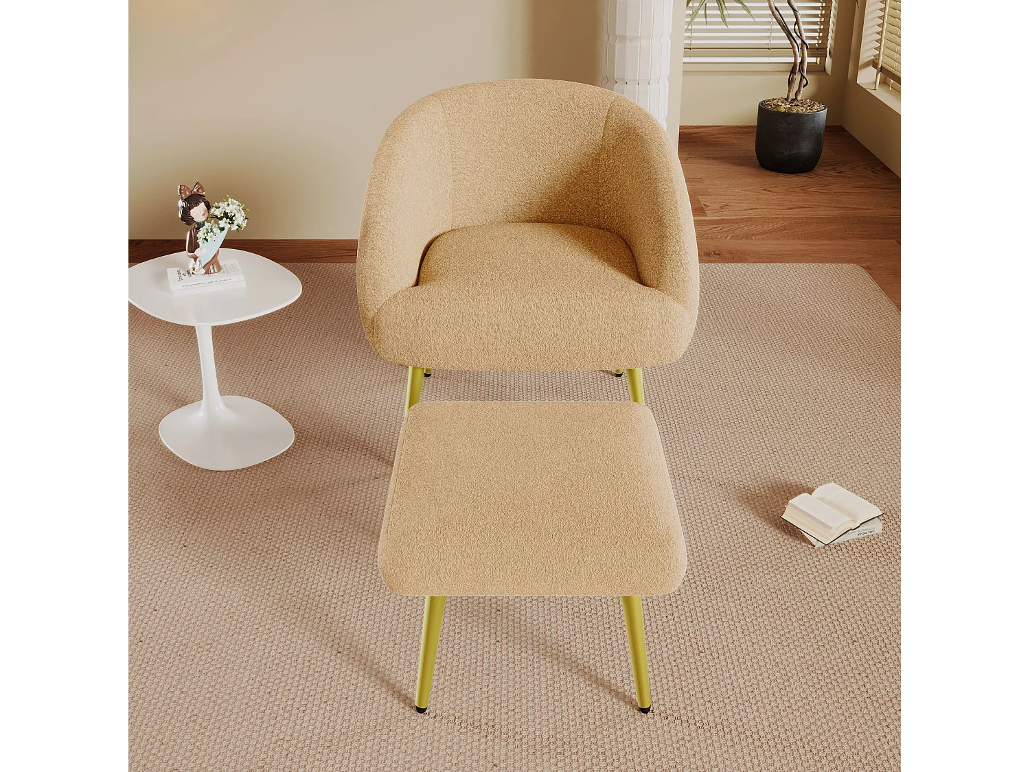 Cadeira moderna estofada em sherpa com banco para pés, design ergonómico, pernas douradas, conforto luxuoso,Castanho