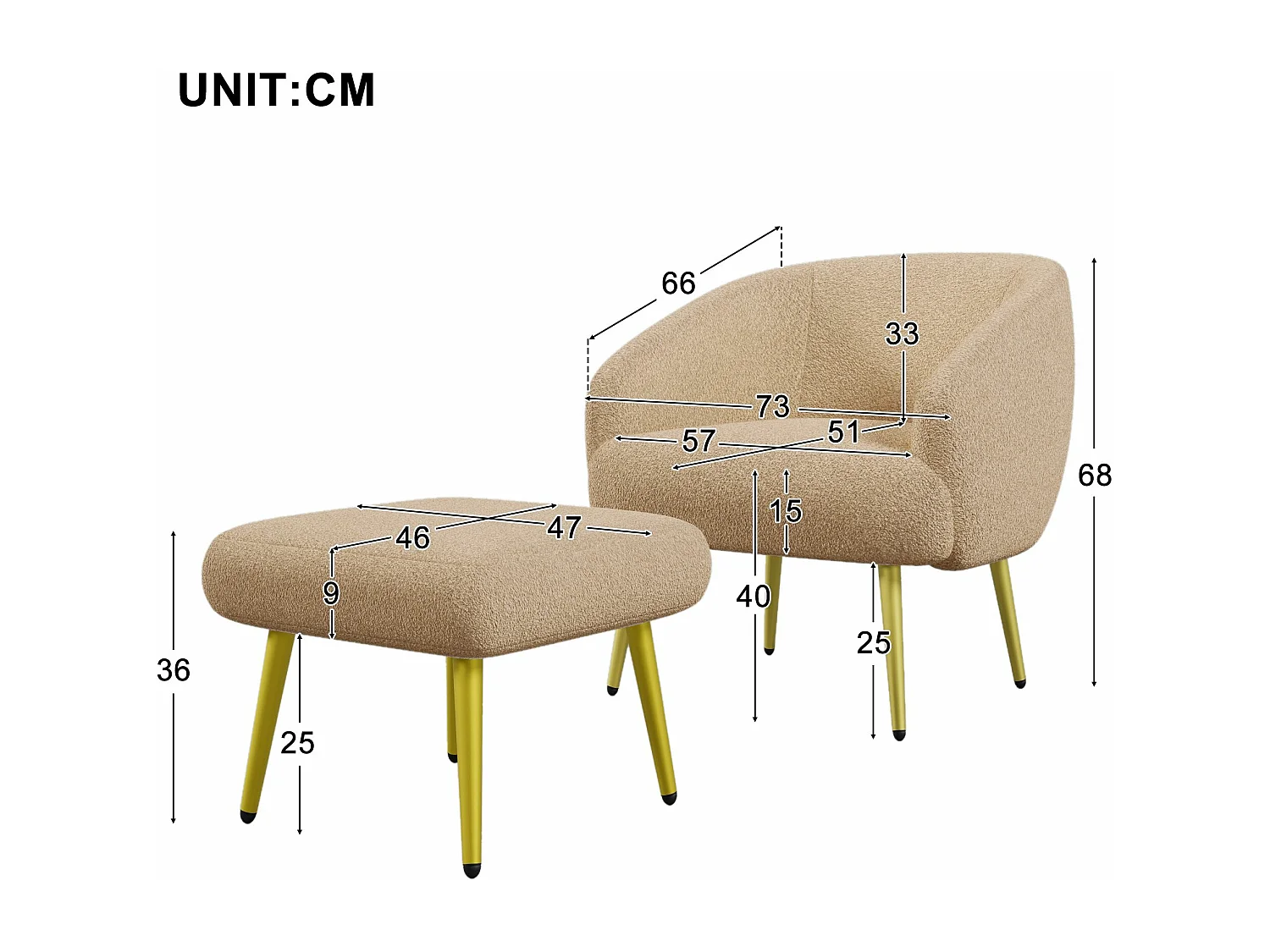 Cadeira moderna estofada em sherpa com banco para pés, design ergonómico, pernas douradas, conforto luxuoso,Castanho