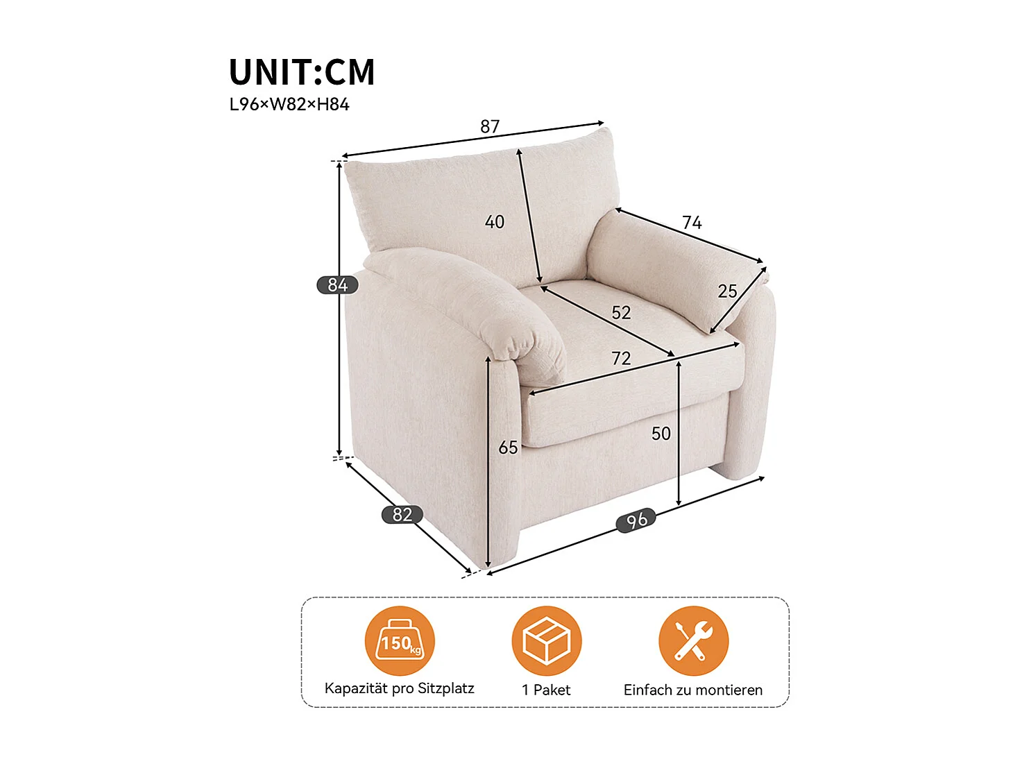 Design moderne, tissu chenille, fauteuil surdimensionné, chaise décorative, canapé simple, beige