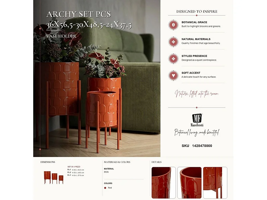 Lot de 3 Cache-Pots sur Pied "Archy" 56cm Rouge