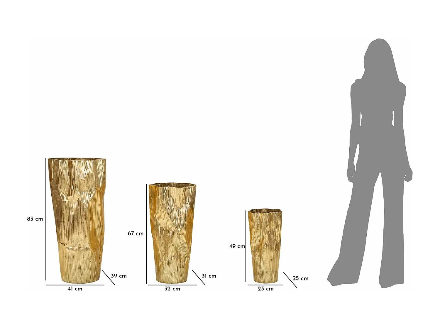 Portavasi in metallo dorato cm Ø 41x39x83- 32x31x67-23x25x49.