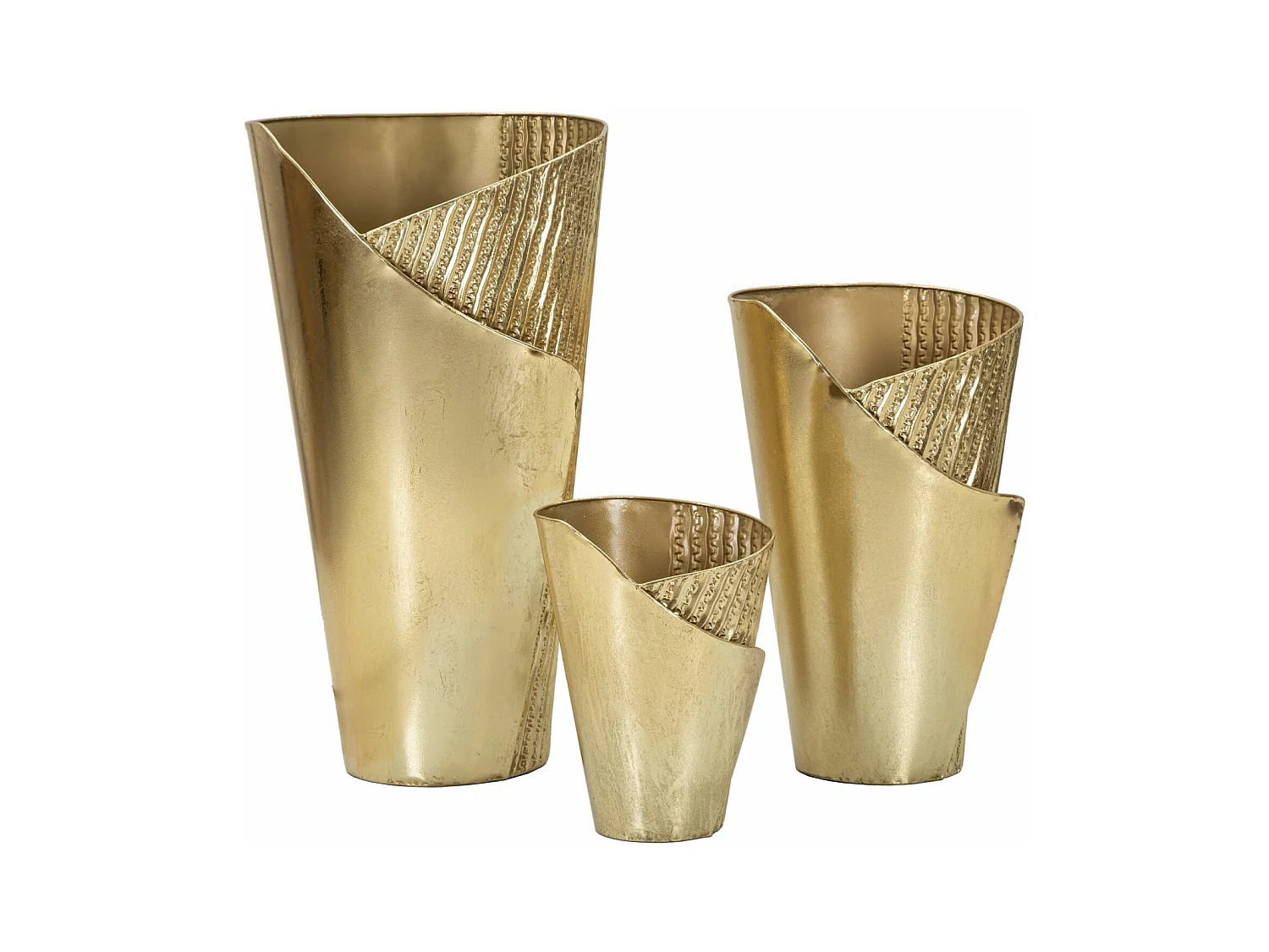 Ensemble de 3 vases dorés "Flosty" en métal - Dimensions : 39x42x75 cm, 32x32x55 cm, 25x25x35 cm