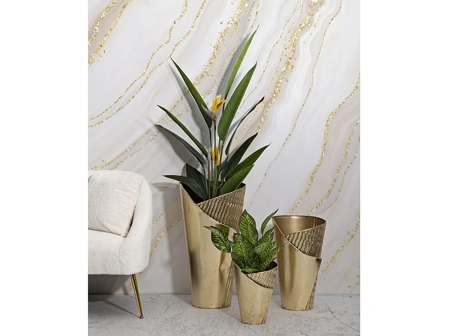 Zestaw 3 metalowych wazonów Flosty Gold – Eleganckie trio w stylu Glam na rośliny, 39 x 42 x 75 cm