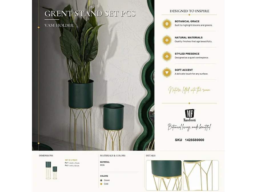 Lot de 2 Cache-Pots sur Pied ""Grent Stand"" 70cm Vert & Or